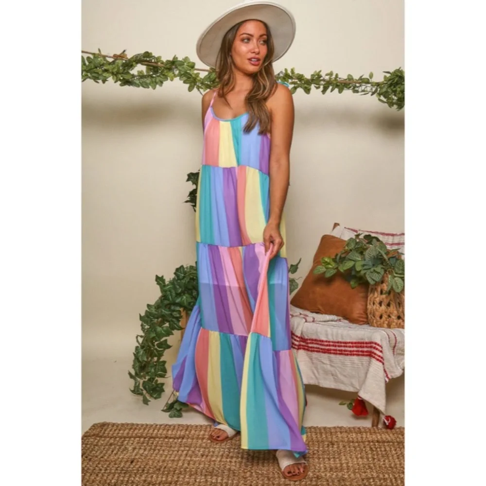 CLEARANCE Rainbow Colorful Multi Bright Striped Tiered Tie Shoulder Maxi Dress - Picture 5 of 8